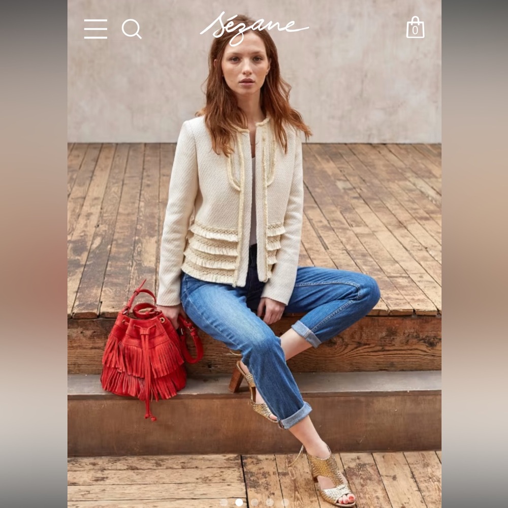 Sezane Cream Blazer with Ruffle Detail
